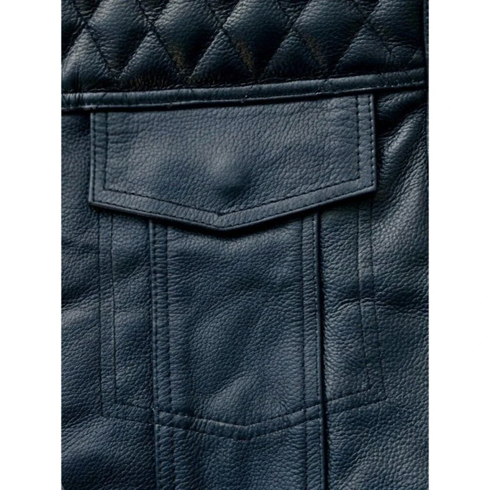 Cuttlanes Mens 3XL Navy Blue Leather Diamond Quilted Biker Motorcycle Vest CCW